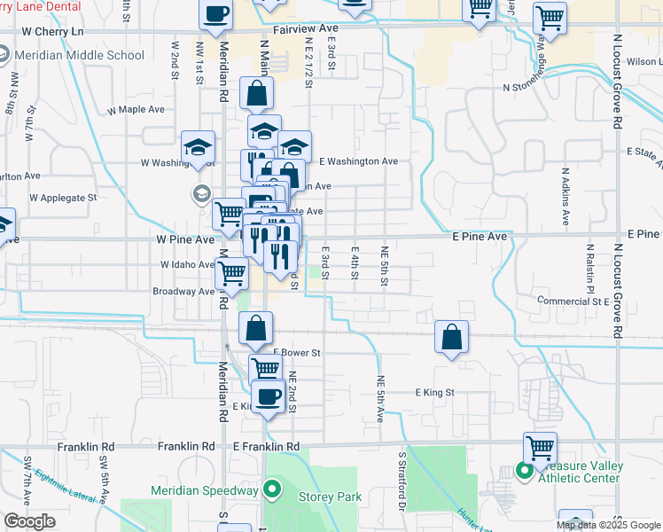 map of restaurants, bars, coffee shops, grocery stores, and more near 319 East Idaho Avenue in Meridian