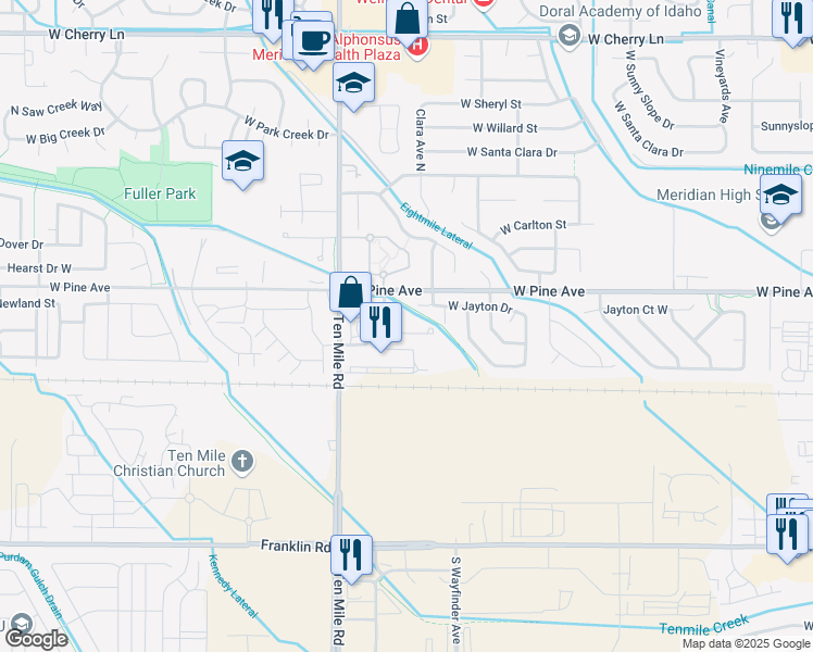 map of restaurants, bars, coffee shops, grocery stores, and more near 676 North Gray Cloud Way in Meridian
