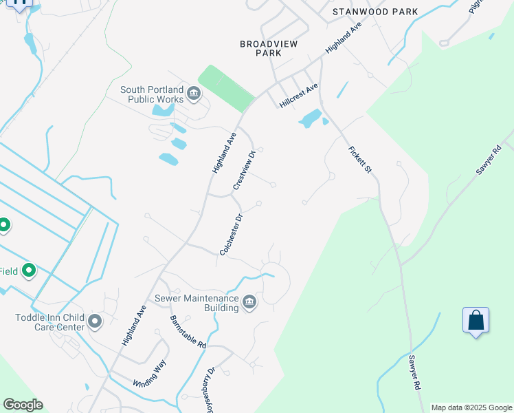 map of restaurants, bars, coffee shops, grocery stores, and more near 31 Vista Drive in South Portland