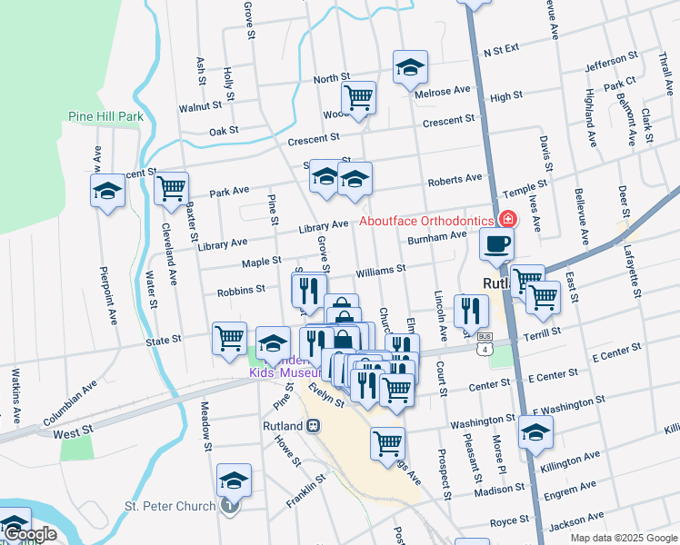 map of restaurants, bars, coffee shops, grocery stores, and more near 74 Grove Street in Rutland