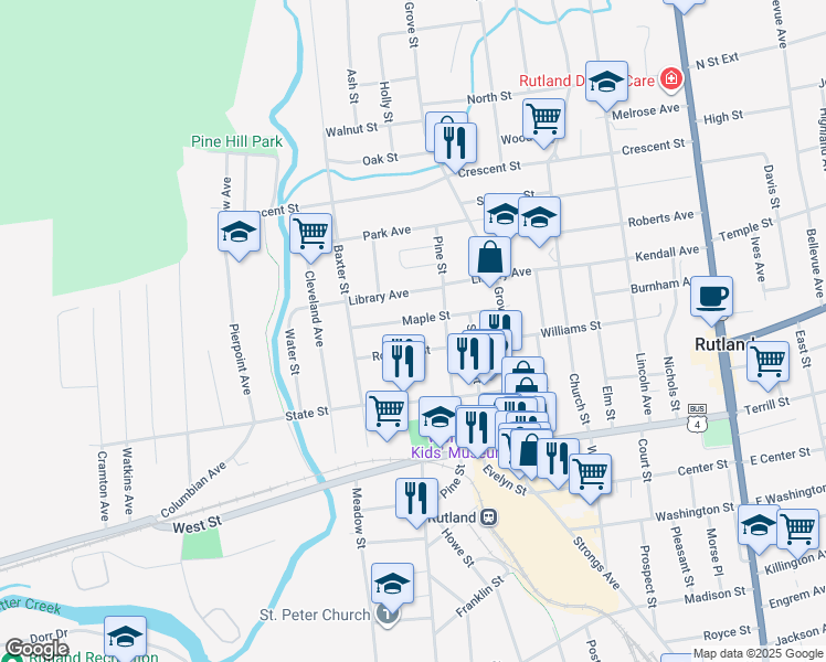 map of restaurants, bars, coffee shops, grocery stores, and more near 112 Maple Street in Rutland