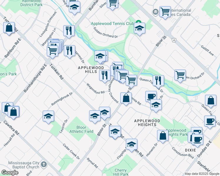 map of restaurants, bars, coffee shops, grocery stores, and more near 3400 Riverspray Crescent in Mississauga