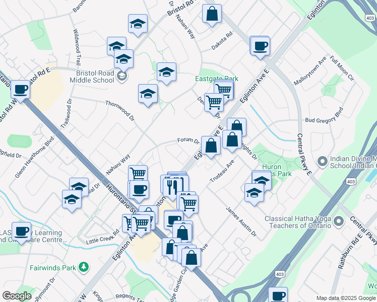 map of restaurants, bars, coffee shops, grocery stores, and more near in Mississauga