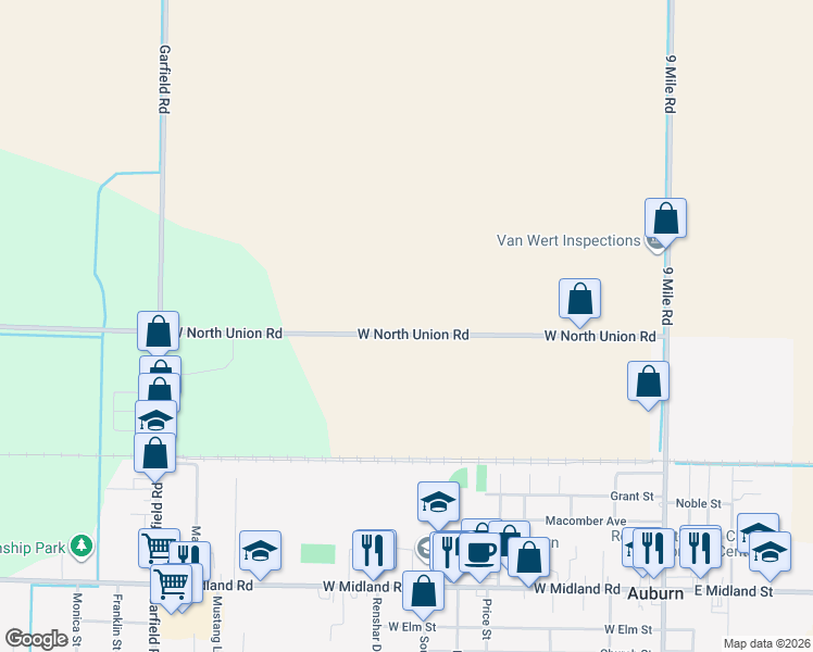 map of restaurants, bars, coffee shops, grocery stores, and more near 760 West North Union Road in Auburn