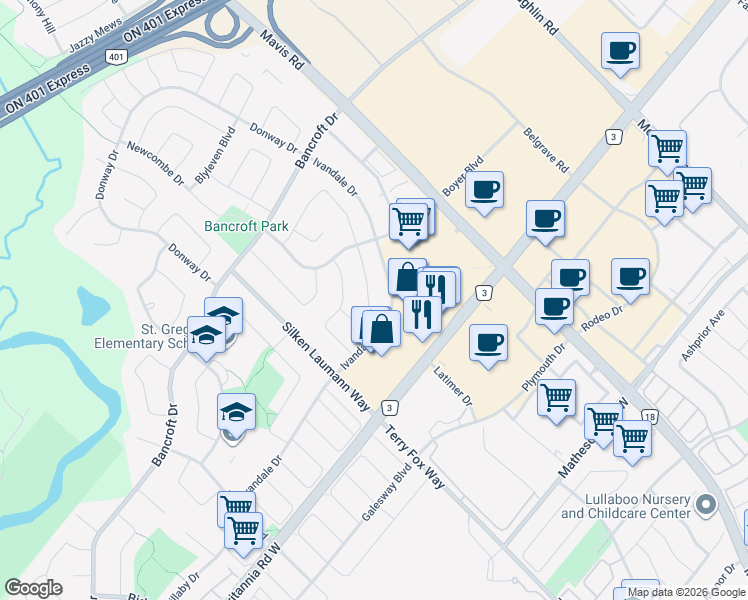 map of restaurants, bars, coffee shops, grocery stores, and more near 6160 Ford Road in Mississauga