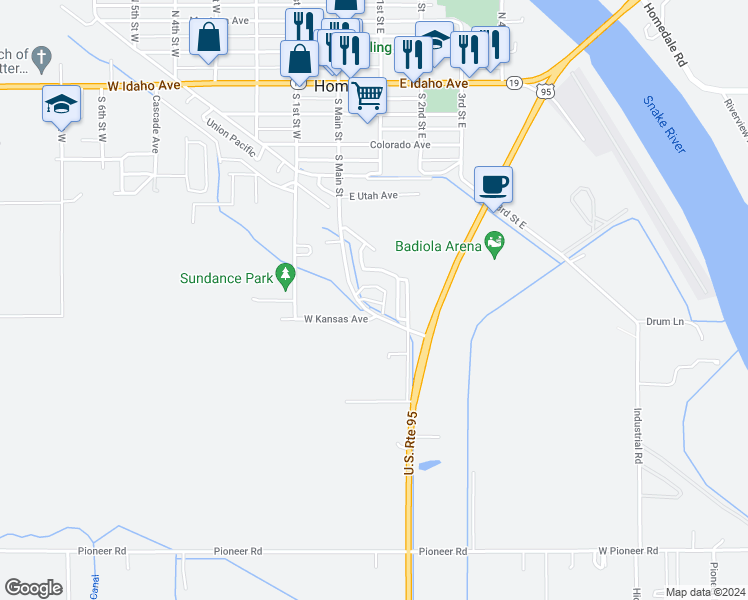 map of restaurants, bars, coffee shops, grocery stores, and more near 511 South Main Street in Homedale