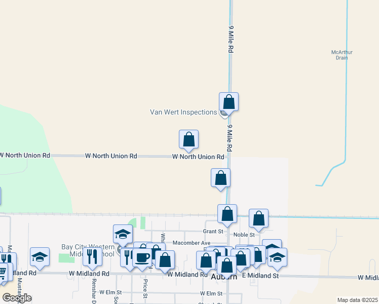 map of restaurants, bars, coffee shops, grocery stores, and more near 566 West North Union Road in Auburn