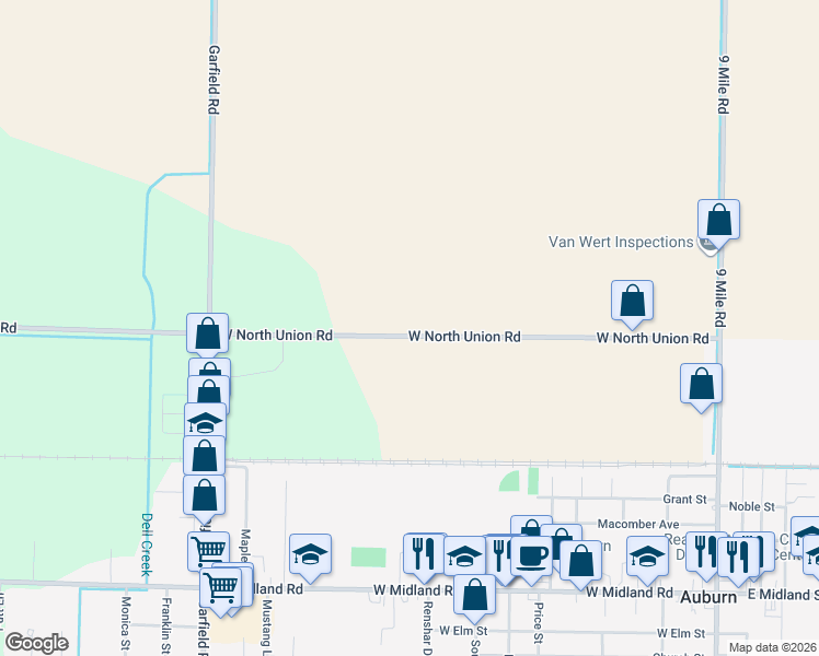 map of restaurants, bars, coffee shops, grocery stores, and more near 800 West North Union Road in Auburn