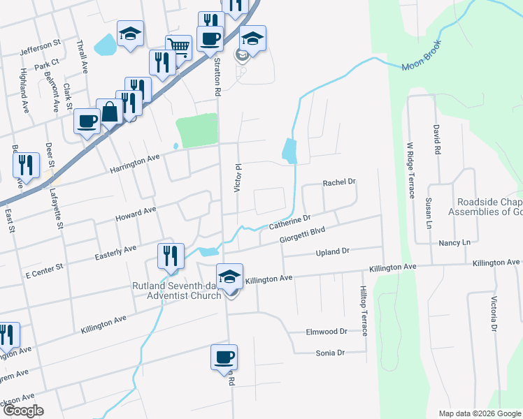 map of restaurants, bars, coffee shops, grocery stores, and more near 5 Moonbrook Drive in Rutland