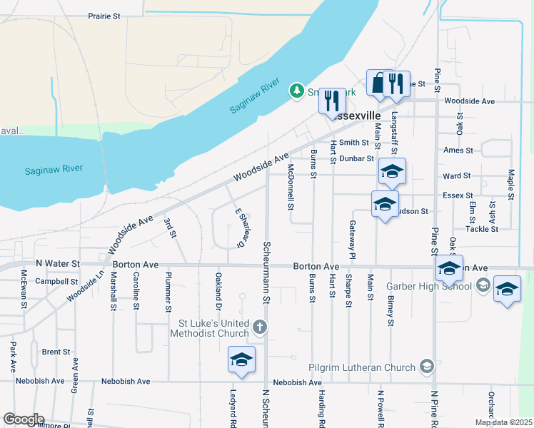 map of restaurants, bars, coffee shops, grocery stores, and more near 701 Scheurmann Street in Essexville