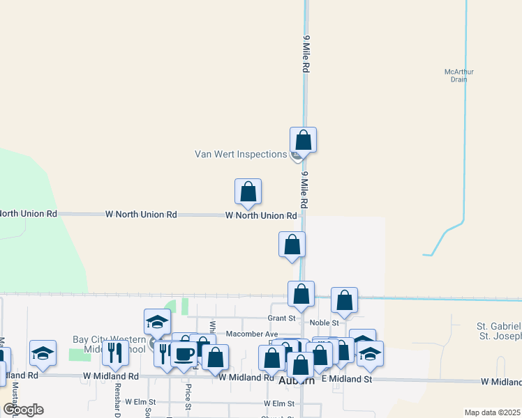 map of restaurants, bars, coffee shops, grocery stores, and more near 566 West North Union Road in Auburn