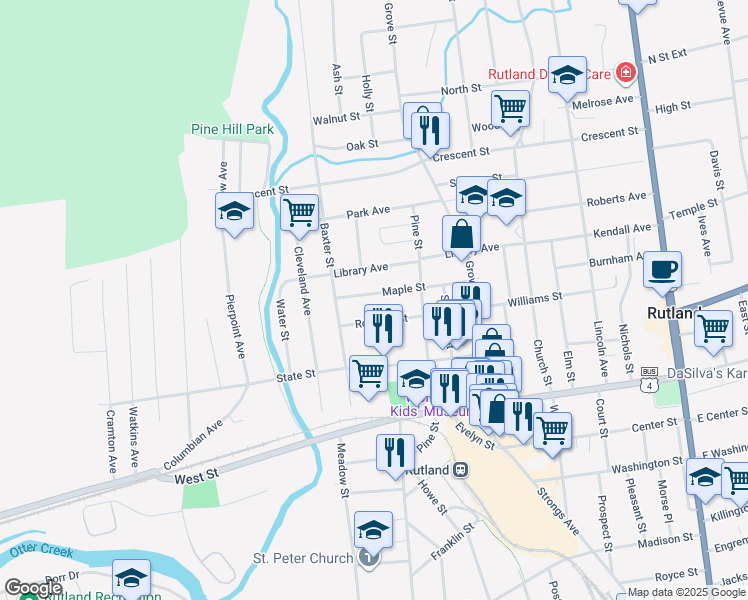 map of restaurants, bars, coffee shops, grocery stores, and more near 130 Maple Street in Rutland