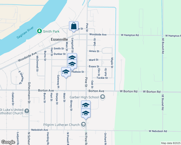 map of restaurants, bars, coffee shops, grocery stores, and more near 704 Oak Street in Essexville