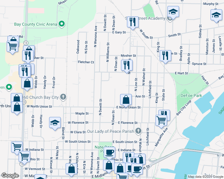 map of restaurants, bars, coffee shops, grocery stores, and more near 909 North Dean Street in Bay City
