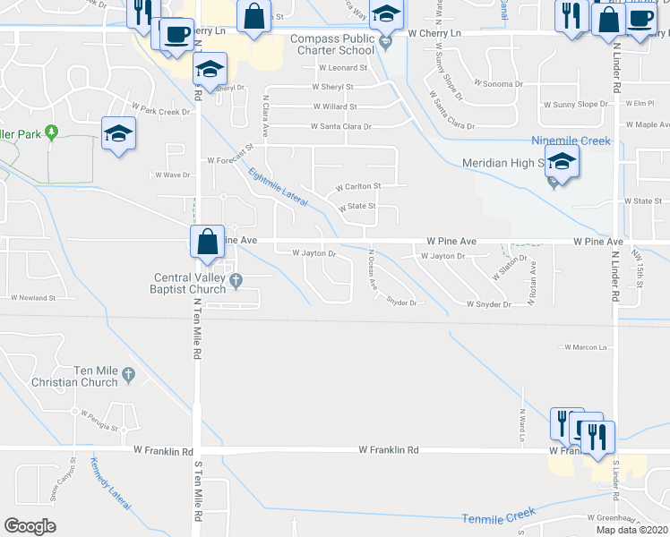 map of restaurants, bars, coffee shops, grocery stores, and more near 2657 West Jayton Drive in Meridian