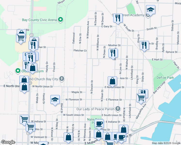 map of restaurants, bars, coffee shops, grocery stores, and more near 921 North Dewitt Street in Bay City