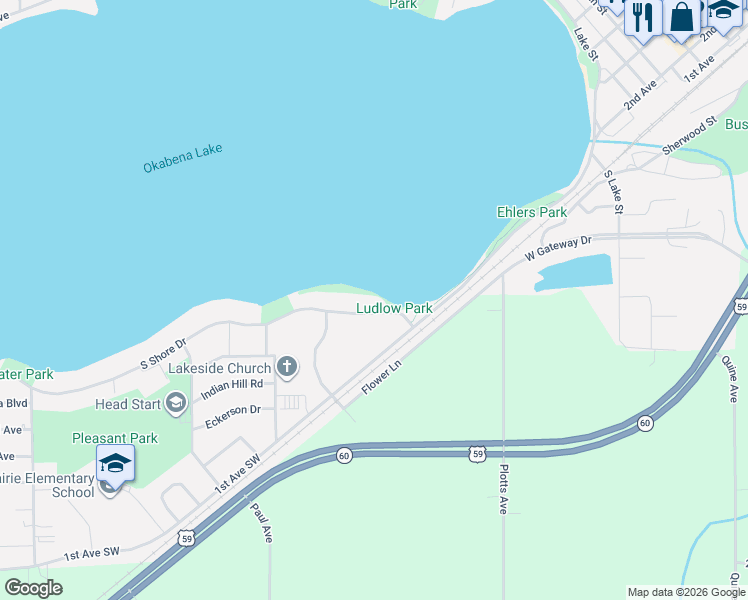 map of restaurants, bars, coffee shops, grocery stores, and more near 1102 South Shore Drive in Worthington