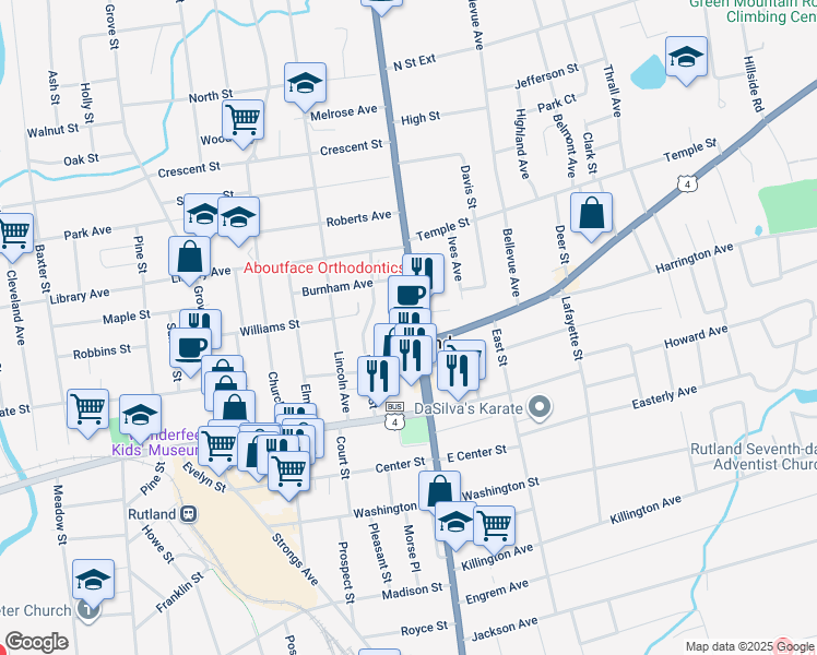 map of restaurants, bars, coffee shops, grocery stores, and more near 37 North Main Street in Rutland