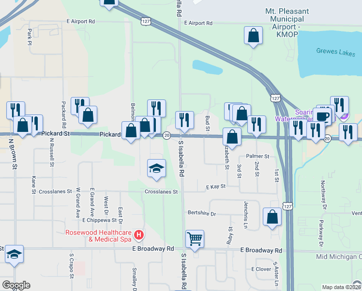 map of restaurants, bars, coffee shops, grocery stores, and more near 2045 South Isabella Road in Mount Pleasant