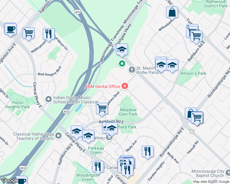 map of restaurants, bars, coffee shops, grocery stores, and more near in Mississauga