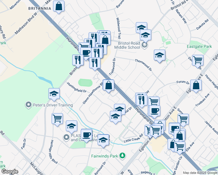map of restaurants, bars, coffee shops, grocery stores, and more near in Mississauga