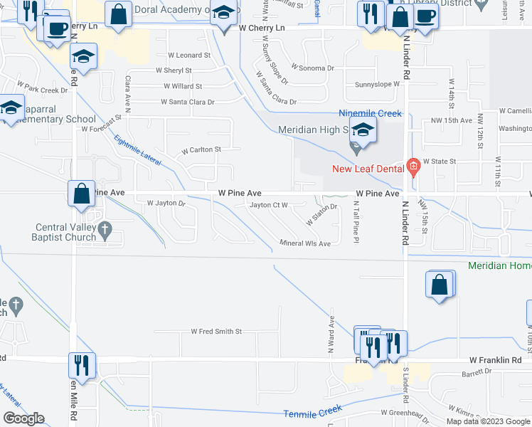 map of restaurants, bars, coffee shops, grocery stores, and more near 691 North Tidwell Way in Meridian