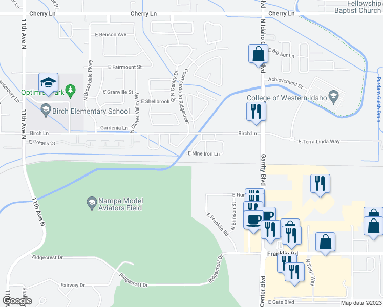 map of restaurants, bars, coffee shops, grocery stores, and more near East Nine Iron Lane in Nampa