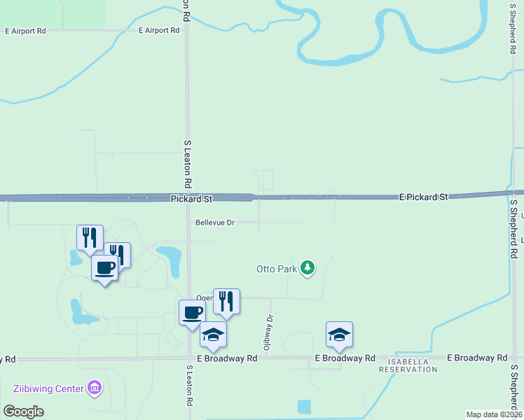 map of restaurants, bars, coffee shops, grocery stores, and more near 2001-2299 Greencrest Dr in Mt Pleasant