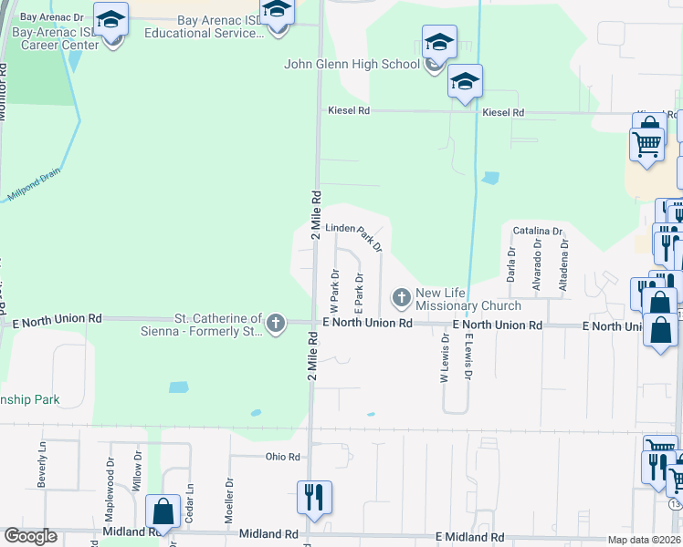 map of restaurants, bars, coffee shops, grocery stores, and more near 4443 West Park Drive in Bay City