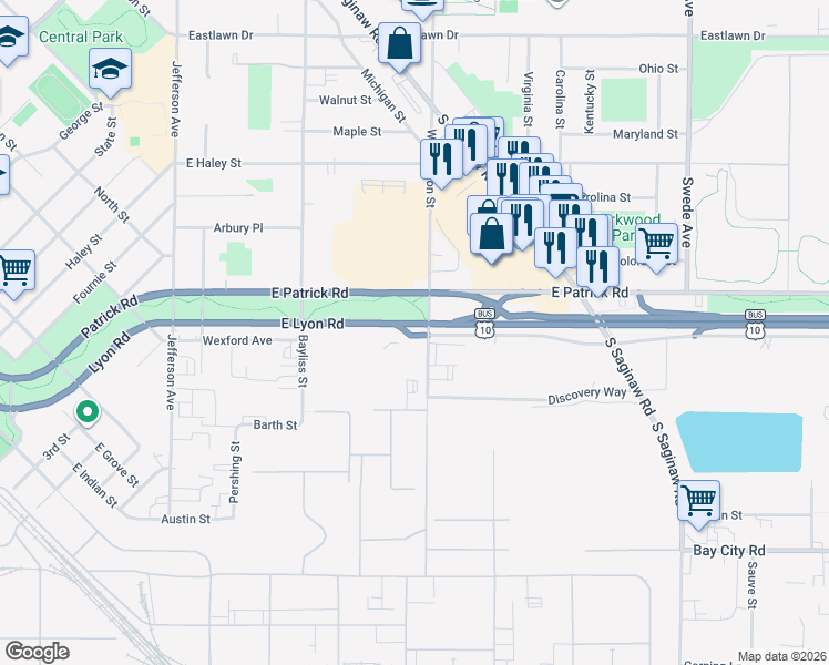 map of restaurants, bars, coffee shops, grocery stores, and more near 800 East Lyon Road in Midland