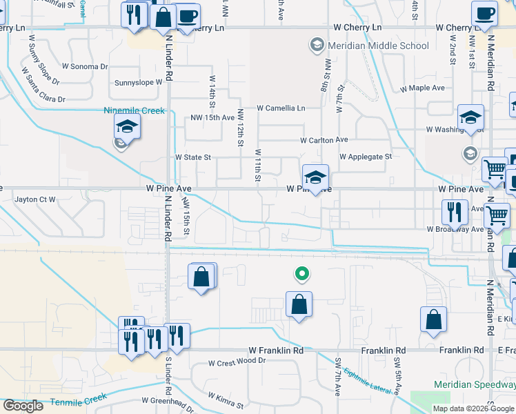 map of restaurants, bars, coffee shops, grocery stores, and more near 1065 West Pine Avenue in Meridian