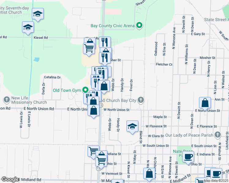 map of restaurants, bars, coffee shops, grocery stores, and more near 612 Webb Drive in Bay City