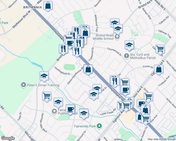map of restaurants, bars, coffee shops, grocery stores, and more near 75 Strathaven Drive in Mississauga