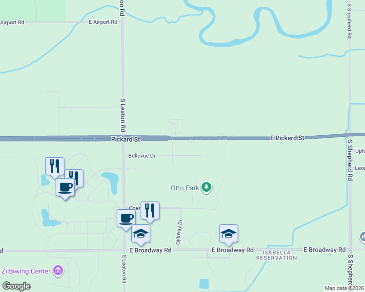 map of restaurants, bars, coffee shops, grocery stores, and more near 7265 Bellevue Drive in Mount Pleasant