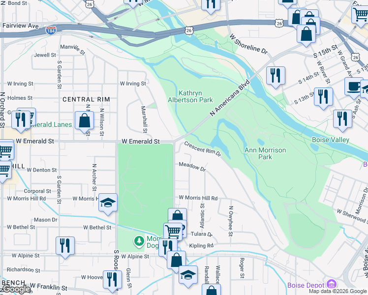map of restaurants, bars, coffee shops, grocery stores, and more near 3701 Crescent Rim Drive in Boise