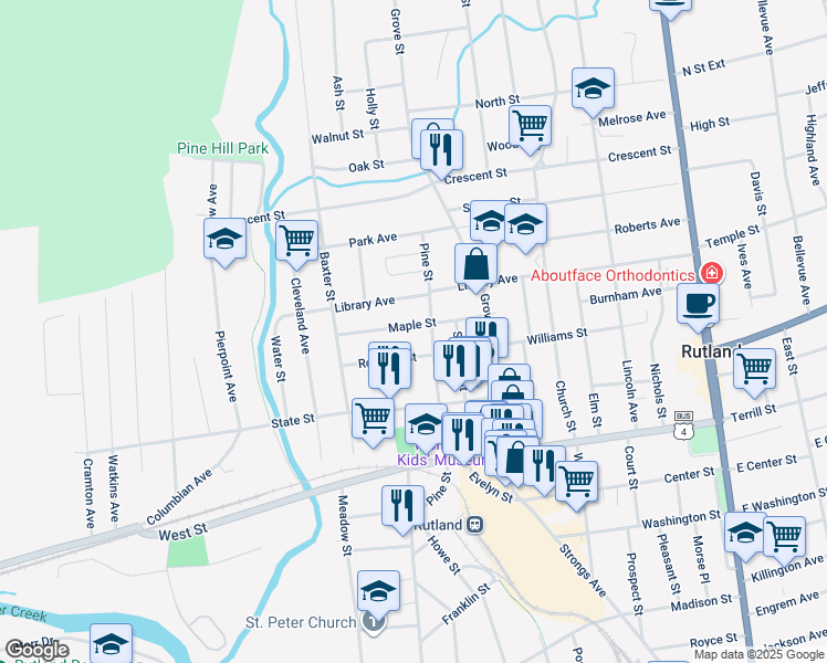 map of restaurants, bars, coffee shops, grocery stores, and more near 112 Maple Street in Rutland