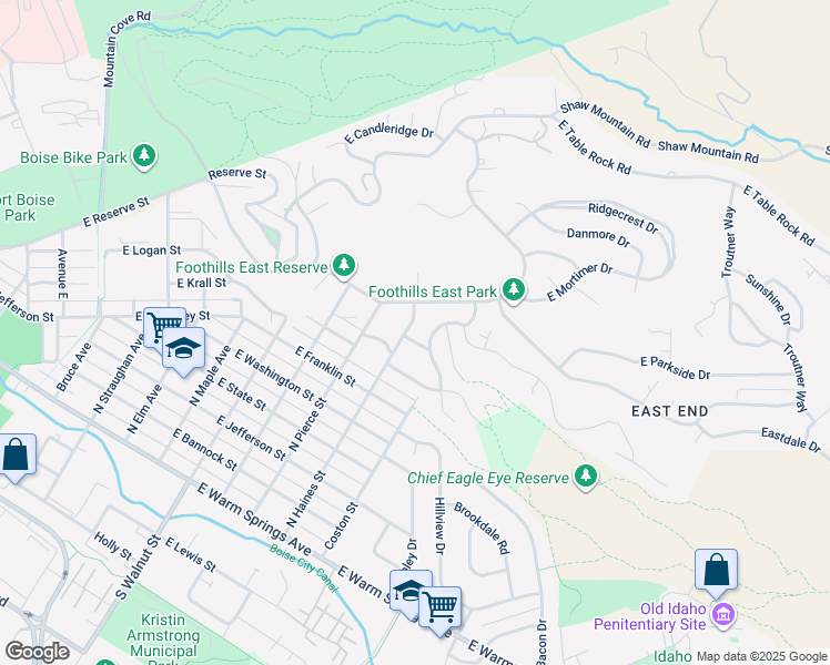 map of restaurants, bars, coffee shops, grocery stores, and more near 1414 East Fort Street in Boise