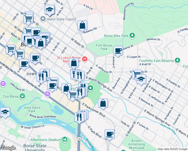 map of restaurants, bars, coffee shops, grocery stores, and more near 310 East Warm Springs Avenue in Boise