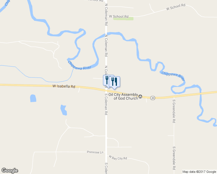 map of restaurants, bars, coffee shops, grocery stores, and more near 5496 W Isabella Rd in Shepherd