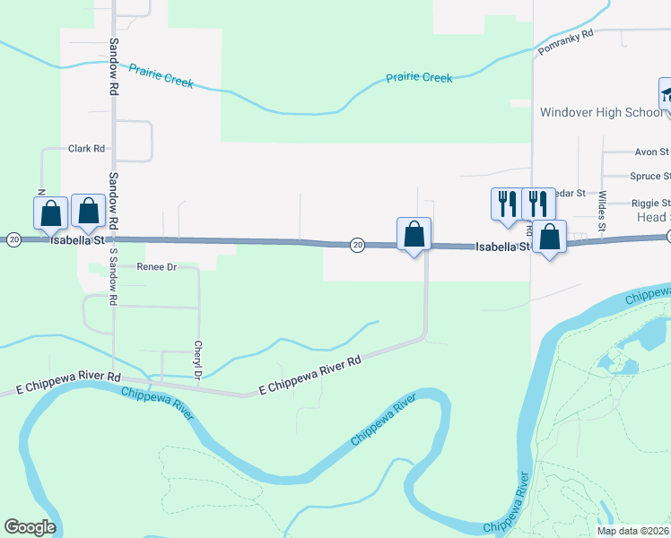 map of restaurants, bars, coffee shops, grocery stores, and more near 4999 Isabella Street in Midland