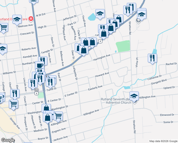 map of restaurants, bars, coffee shops, grocery stores, and more near 21 Birchwood Avenue in Rutland