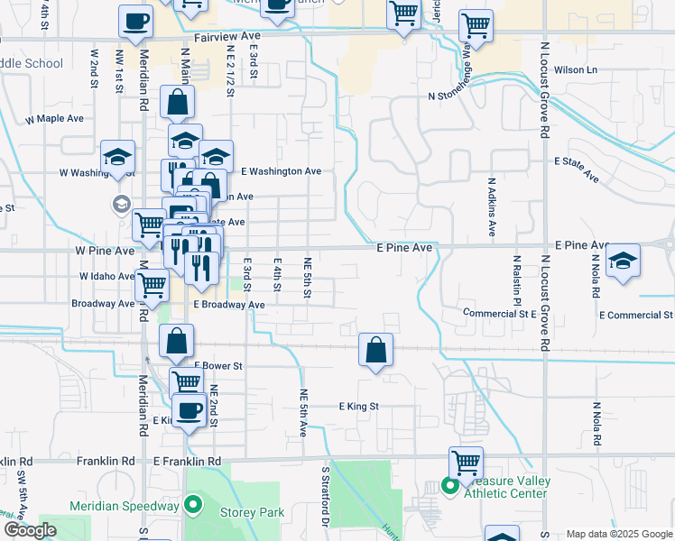 map of restaurants, bars, coffee shops, grocery stores, and more near 521 East Idaho Avenue in Meridian