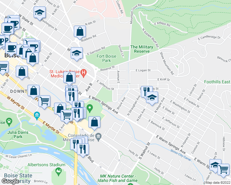 map of restaurants, bars, coffee shops, grocery stores, and more near 237 Flume Street in Boise