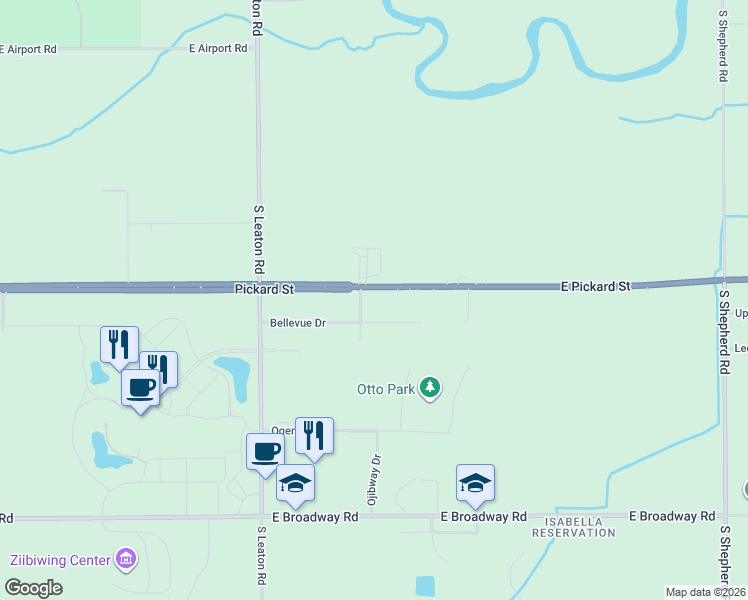map of restaurants, bars, coffee shops, grocery stores, and more near 2001-2299 Greencrest Dr in Mt Pleasant