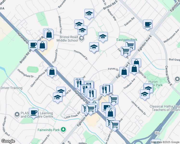 map of restaurants, bars, coffee shops, grocery stores, and more near 124 Nahani Way in Mississauga