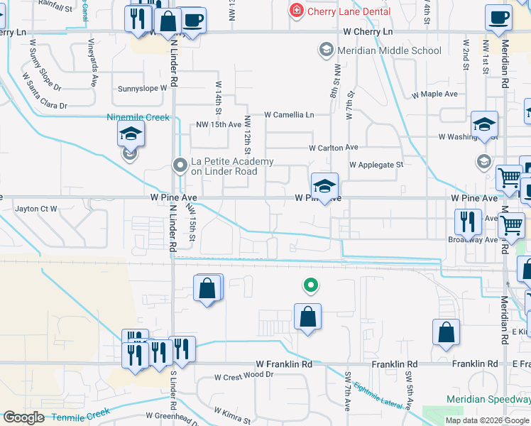 map of restaurants, bars, coffee shops, grocery stores, and more near 1067 West Pine Avenue in Meridian