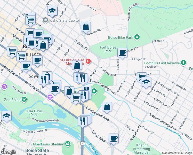 map of restaurants, bars, coffee shops, grocery stores, and more near 310 East Warm Springs Avenue in Boise