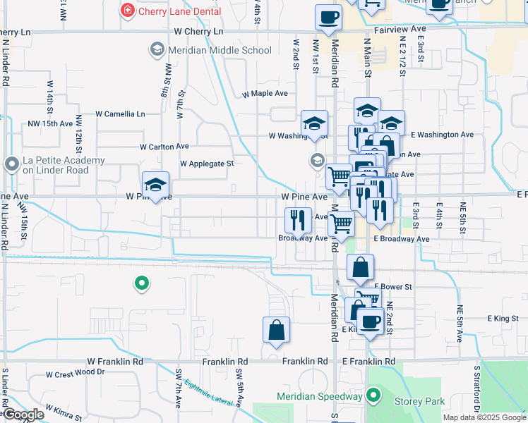 map of restaurants, bars, coffee shops, grocery stores, and more near 403 West Idaho Avenue in Meridian