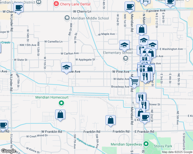 map of restaurants, bars, coffee shops, grocery stores, and more near 523 West Idaho Avenue in Meridian