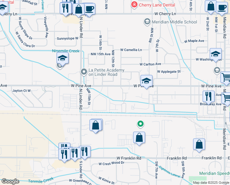 map of restaurants, bars, coffee shops, grocery stores, and more near 1103 West Pine Avenue in Meridian